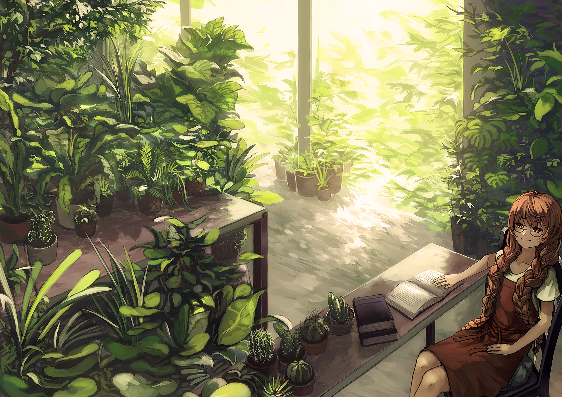 A serene anime scene depicts a young girl in a leafy indoor garden, surrounded by vibrant plants and soft sunlight, serving as a beautiful HD desktop wallpaper.