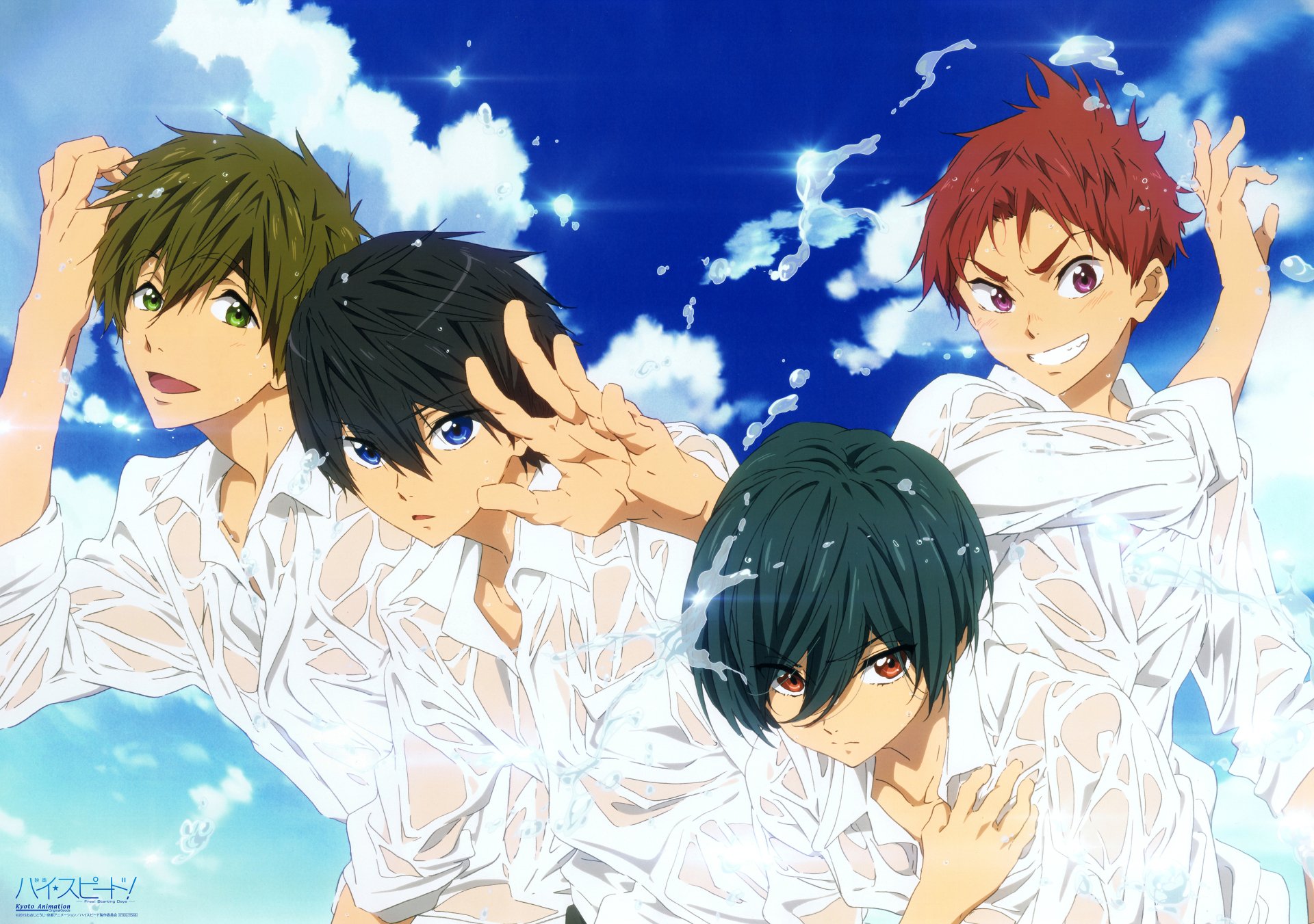 Anime-style 4K Ultra HD PC wallpaper featuring four characters from Free! against a bright blue sky with white clouds, wearing wet white shirts.