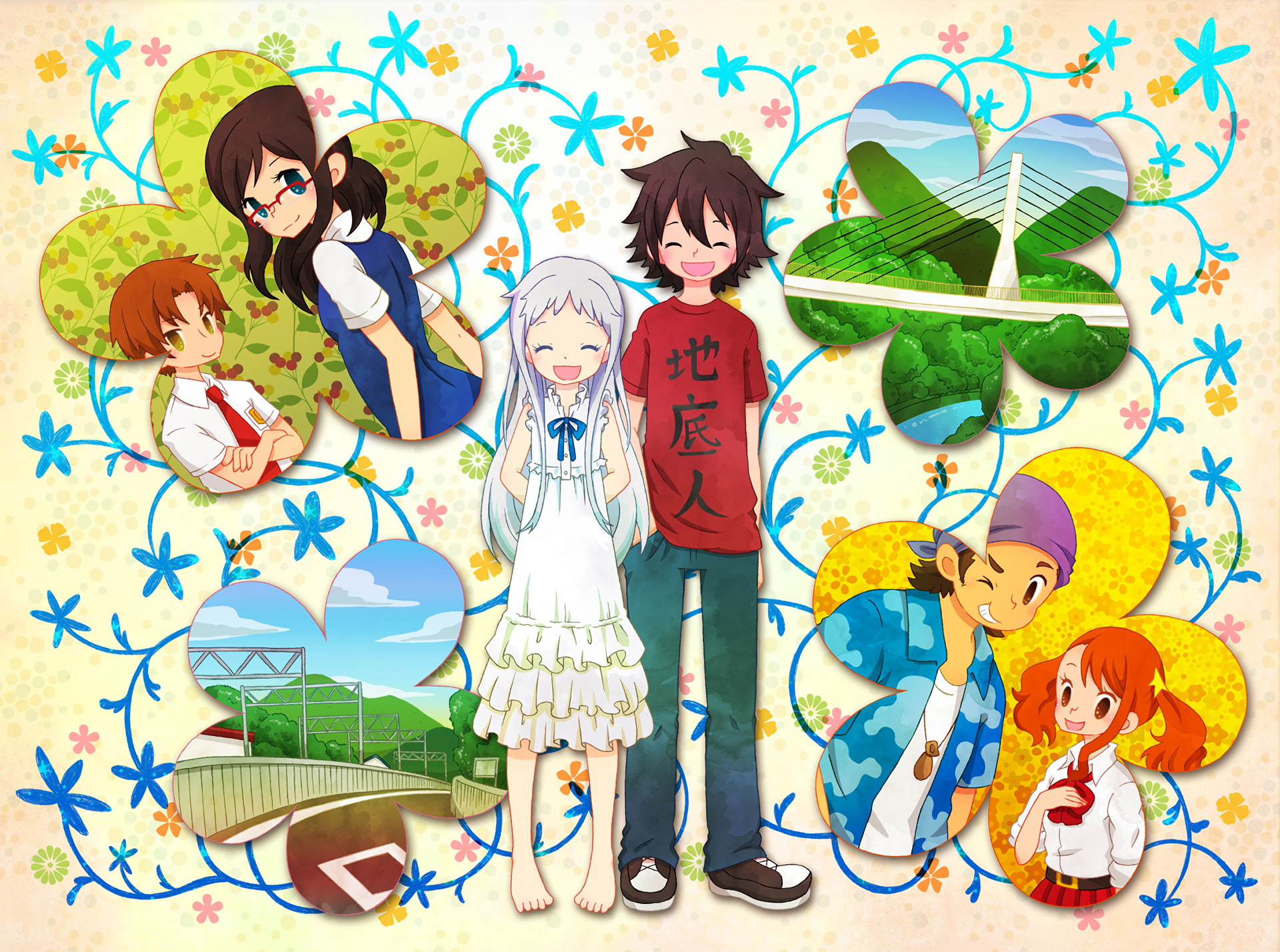 HD PC desktop wallpaper featuring main characters from the anime Anohana, surrounded by colorful floral and nature-themed patterns.