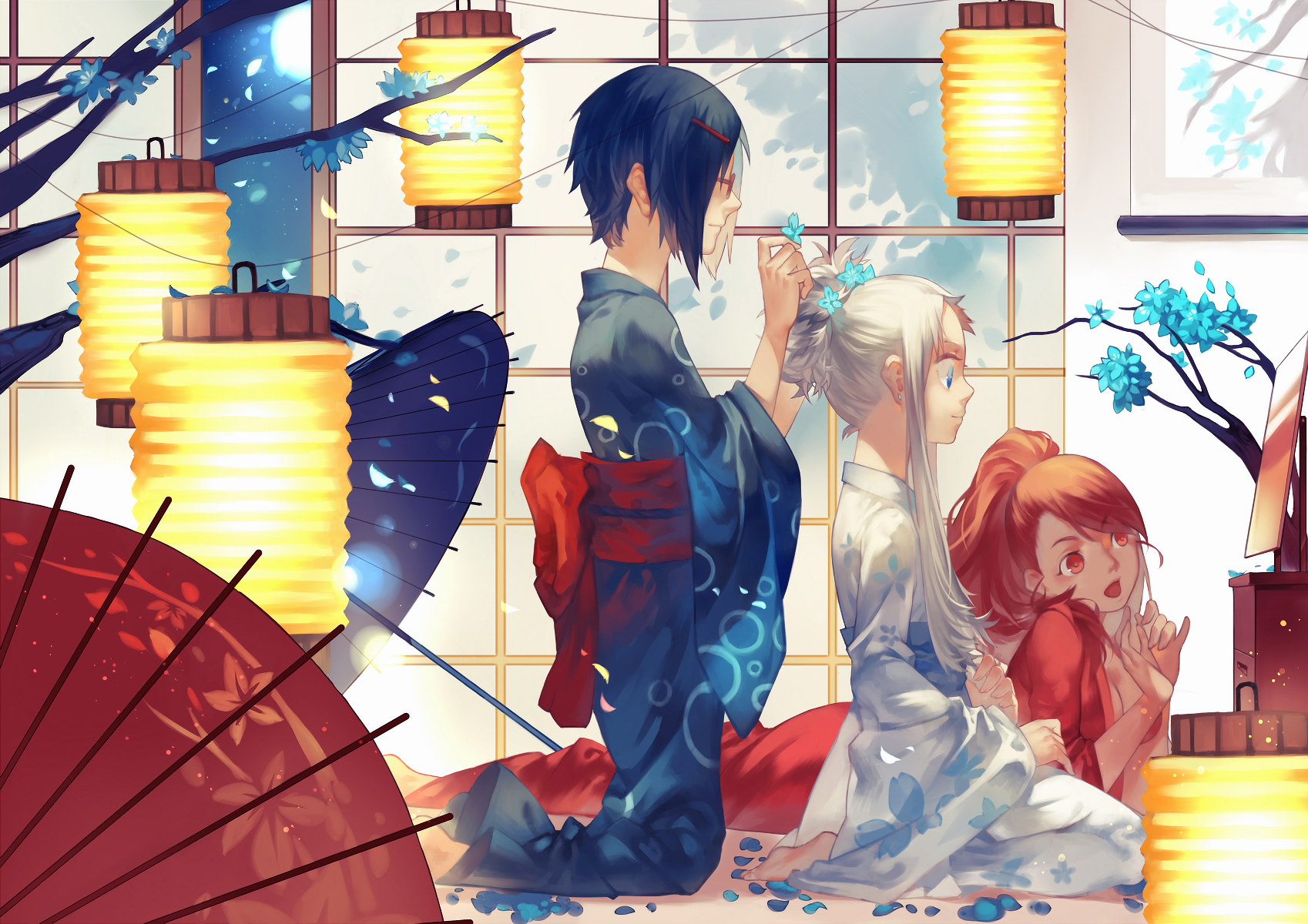 HD PC desktop wallpaper featuring three AnoHana anime characters in traditional attire amidst glowing lanterns and cherry blossoms.