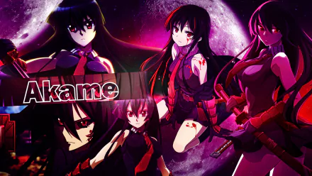 A vibrant HD wallpaper featuring Akame from Akame Ga Kill! showcasing her fierce expression and dynamic poses against a cosmic backdrop.