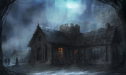 Dark fantasy HD desktop wallpaper depicting a foggy, eerie house with glowing windows under a misty, moonlit sky.