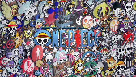 HD wallpaper featuring a vibrant and chaotic collage of various characters and symbols from the anime One Piece, centered around the series logo.