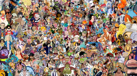 HD desktop wallpaper featuring a vibrant collage of various characters from the anime One Piece.