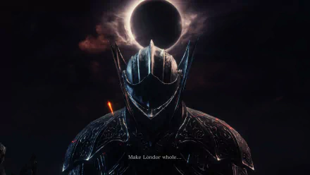 A dark and atmospheric HD wallpaper from Dark Souls III features a heavily armored knight standing against a haunting backdrop with a solar eclipse, embodying the game's intense themes.