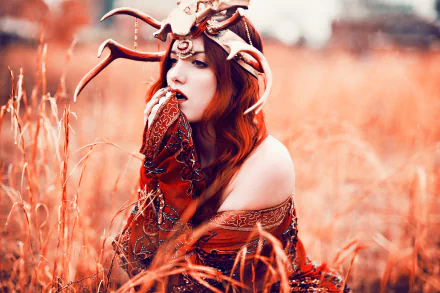 HD PC desktop wallpaper of a redhead woman model with brown eyes in a blurred outdoor field, wearing ornate red attire amid tall grasses.