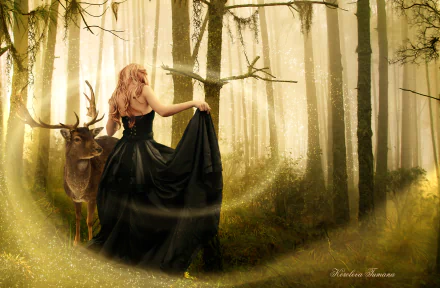 A mystical scene in a forest featuring a woman in a flowing black gown alongside a majestic buck, blending gothic and fantasy elements in rich 4K Ultra HD detail.
