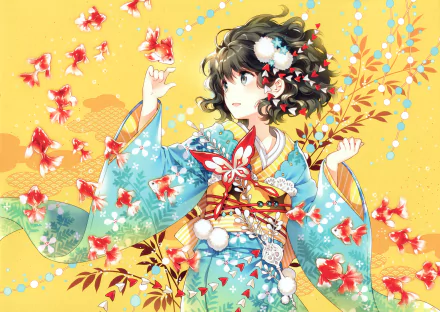 Anime-style illustration featuring a girl with short black hair in a blue kimono adorned with butterflies and goldfish. She is surrounded by a vibrant yellow background with koi fish and floral accents. HD desktop wallpaper.