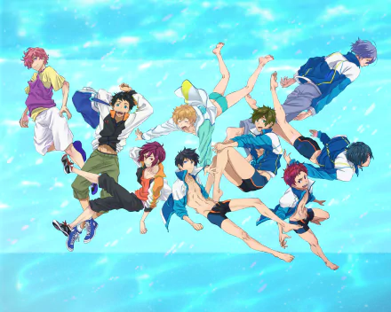 A vibrant anime scene from Free!, featuring dynamic characters swimming together in a bright pool setting. This HD wallpaper captures the action and energy of the series.