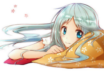 HD Anime desktop wallpaper featuring a serene character from Anohana with flowing light blue hair, resting on colorful cushions against a white background.