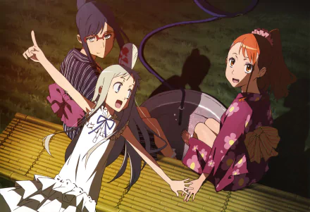 4K Ultra HD Anime wallpaper featuring three characters from Anohana in traditional attire, sitting and holding hands over a wooden floor background.