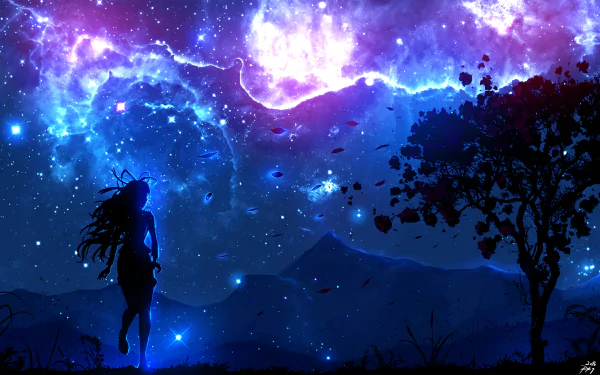 An anime-styled silhouette of a person stands beside a tree under a starry sky filled with cosmic colors. This HD desktop wallpaper and background exudes a serene cosmic atmosphere.