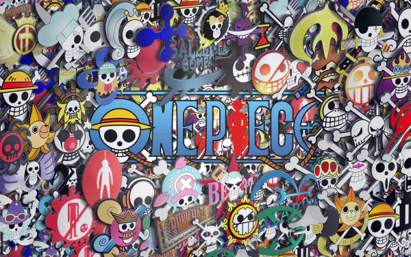 HD wallpaper featuring a vibrant and chaotic collage of various characters and symbols from the anime One Piece, centered around the series logo.