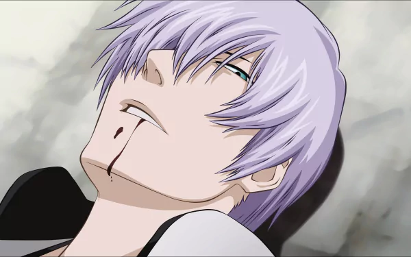 A detailed HD wallpaper of Gin Ichimaru from the anime Bleach, featuring his distinctive silver hair and intense expression, set against a blurred background.
