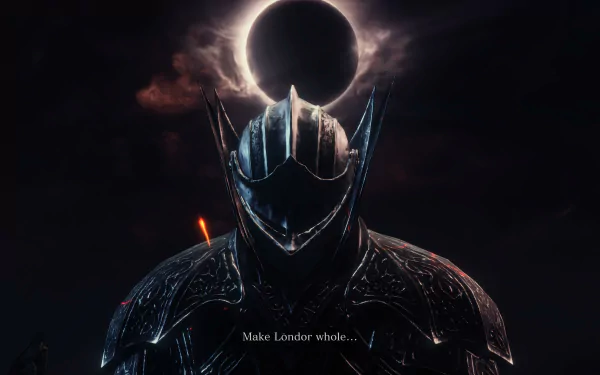 A dark and atmospheric HD wallpaper from Dark Souls III features a heavily armored knight standing against a haunting backdrop with a solar eclipse, embodying the game's intense themes.
