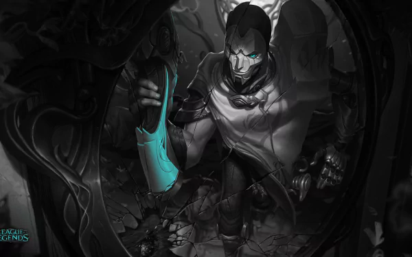 HD PC desktop wallpaper featuring Jhin from the video game League of Legends, showcasing his intense gaze and signature mask in a dark, dramatic setting.