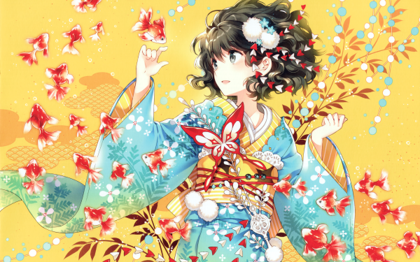 Anime Original Short Hair Black Hair Goldfish Blush Yukata Koi Kimono Butterfly HD Wallpaper | Background Image
