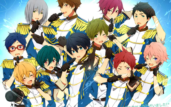 Anime-inspired HD desktop wallpaper featuring vibrant characters from Free!, showcasing their energetic poses and colorful outfits against a bright background.