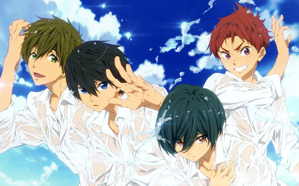 Anime-style 4K Ultra HD PC wallpaper featuring four characters from Free! against a bright blue sky with white clouds, wearing wet white shirts.