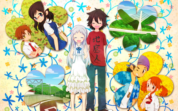 HD PC desktop wallpaper featuring main characters from the anime Anohana, surrounded by colorful floral and nature-themed patterns.