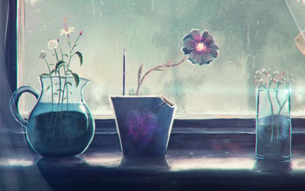 Artistic Painting Window Flower Vase Rain Raindrops HD Wallpaper | Background Image