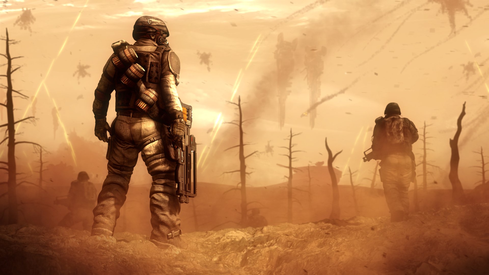 HD PC desktop wallpaper depicting two soldiers in a post-apocalyptic wasteland, evoking a gritty video game atmosphere with muted, dusty tones and ruined trees.
