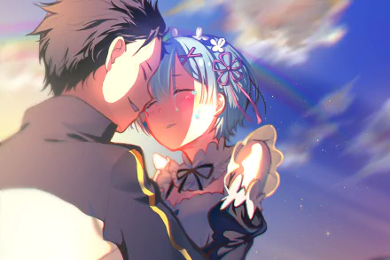 HD wallpaper featuring Subaru Natsuki and Rem from the anime Re:Zero - Starting Life in Another World, sharing a tender moment against a vibrant sky background.