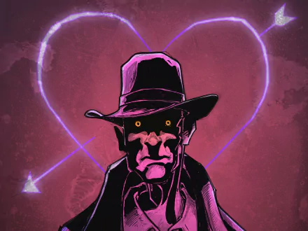 HD PC desktop wallpaper featuring Nick Valentine, a character from the video game Fallout 4, depicted with glowing eyes and a neon heart background.