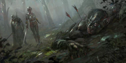 HD PC desktop wallpaper from The Witcher 3: Wild Hunt featuring Ciri and Geralt of Rivia confronting a wounded monster in a misty forest.