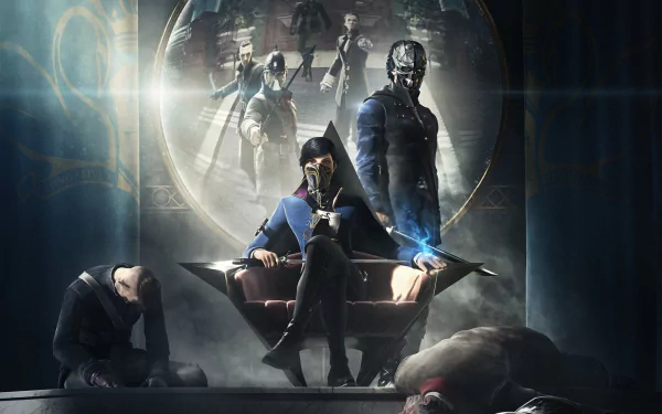 A striking HD background featuring Corvo Attano and Emily Kaldwin from the video game Dishonored 2, showcasing a powerful moment against a dark, atmospheric backdrop.