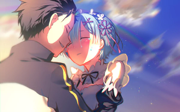 HD wallpaper featuring Subaru Natsuki and Rem from the anime Re:Zero - Starting Life in Another World, sharing a tender moment against a vibrant sky background.