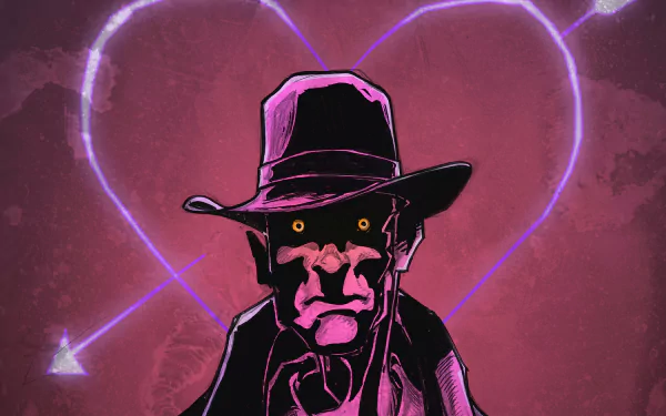 HD PC desktop wallpaper featuring Nick Valentine, a character from the video game Fallout 4, depicted with glowing eyes and a neon heart background.