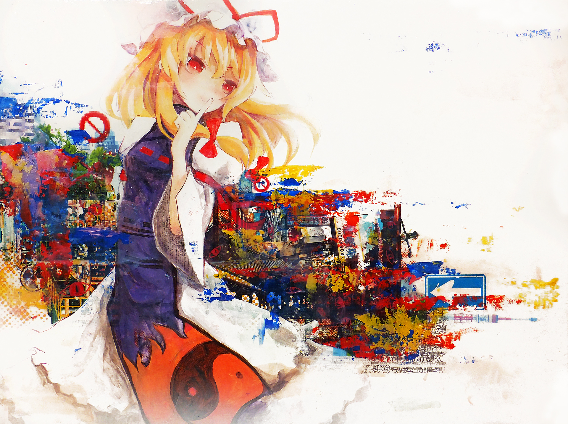 HD anime desktop wallpaper featuring Yukari Yakumo from Touhou, blending vibrant abstract colors with her distinctive outfit and flowing blonde hair.