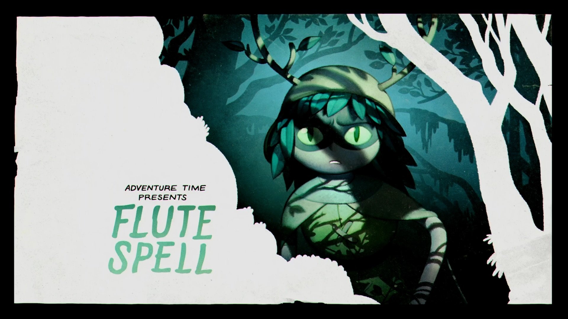 Adventure Time TV wallpaper for HD PC desktop: Flute Spell image of a glowing, leafy‑masked figure standing in a moonlit forest.