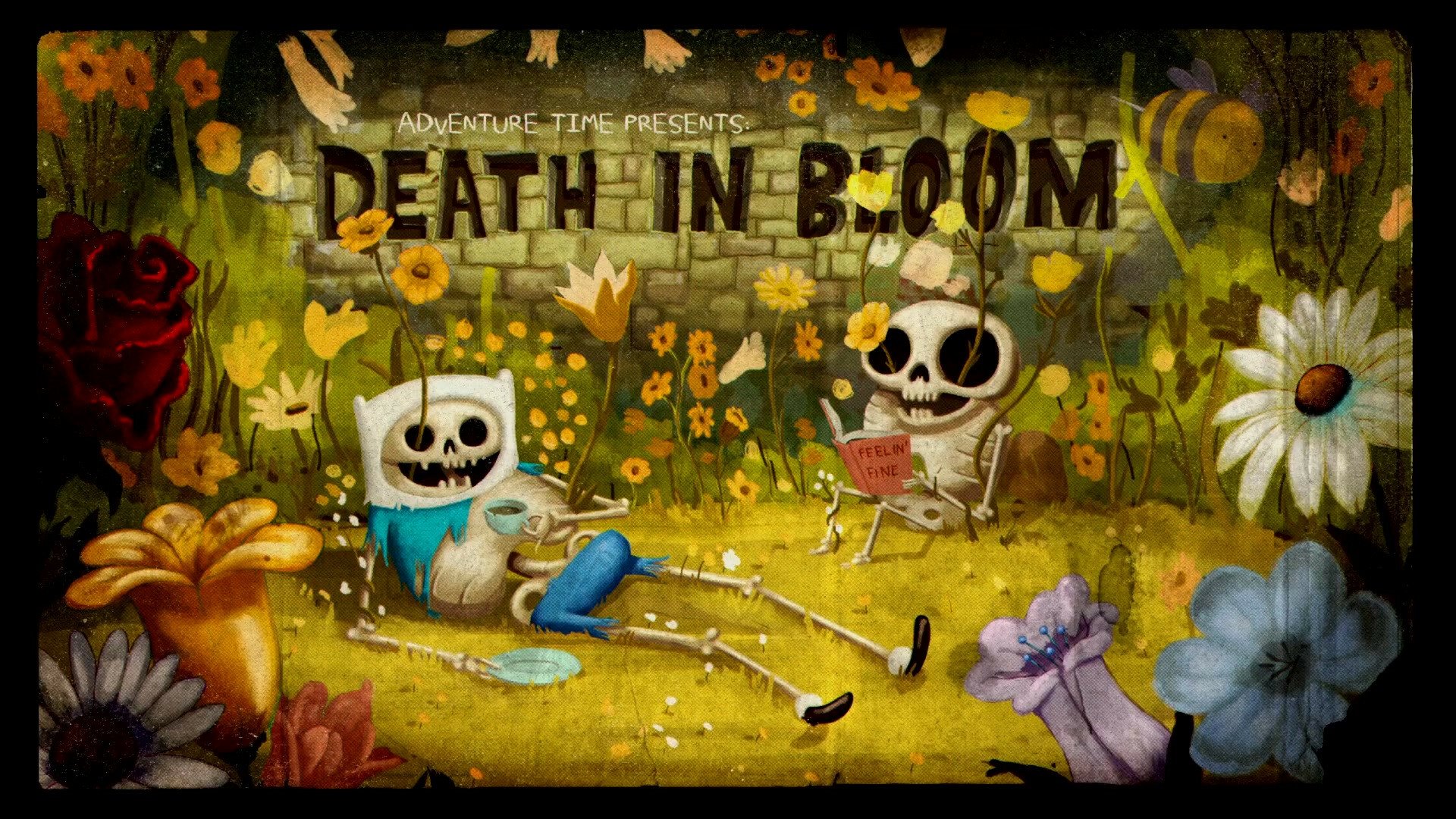 HD PC desktop wallpaper featuring Adventure Time characters Finn and Jake as skeletons in a whimsical floral setting with the title Death in Bloom.