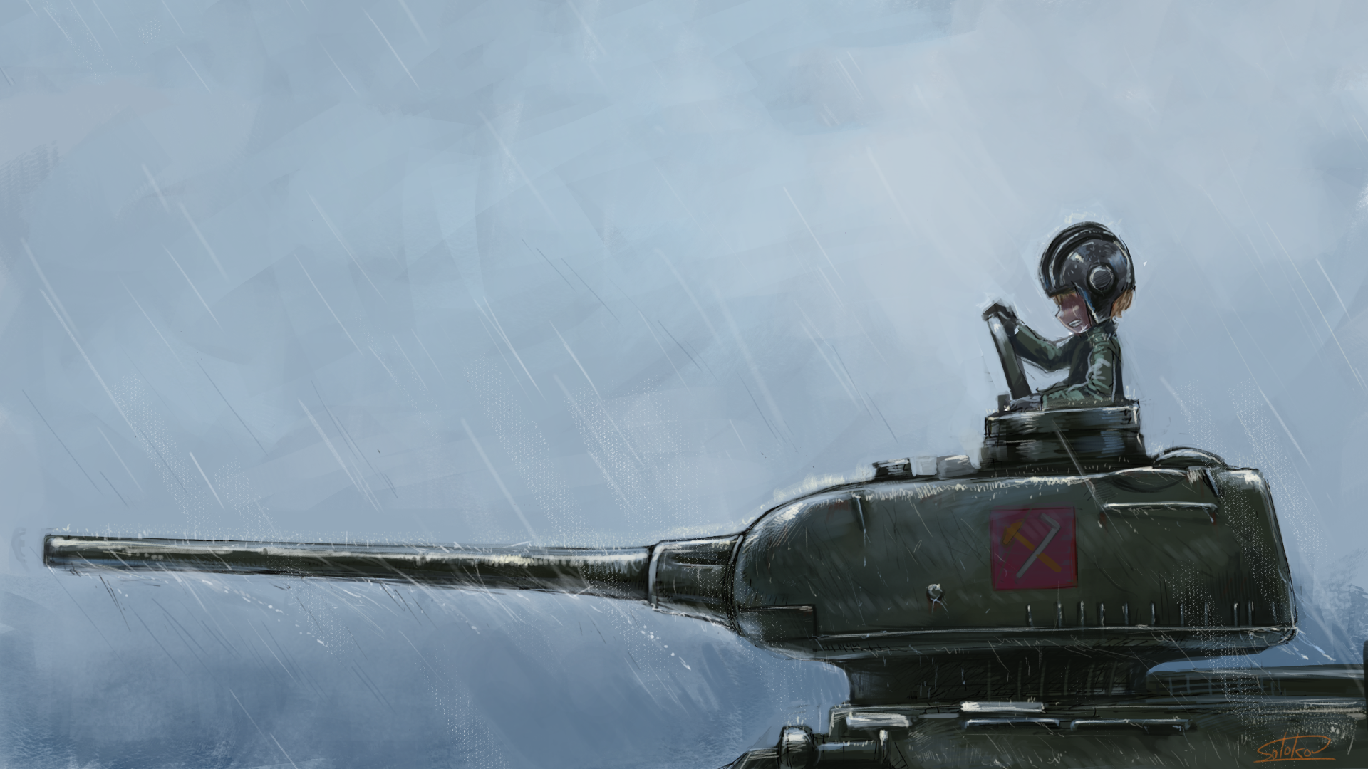 HD PC desktop wallpaper featuring an anime-style Girls und Panzer character sitting atop a tank under a rainy, overcast sky.