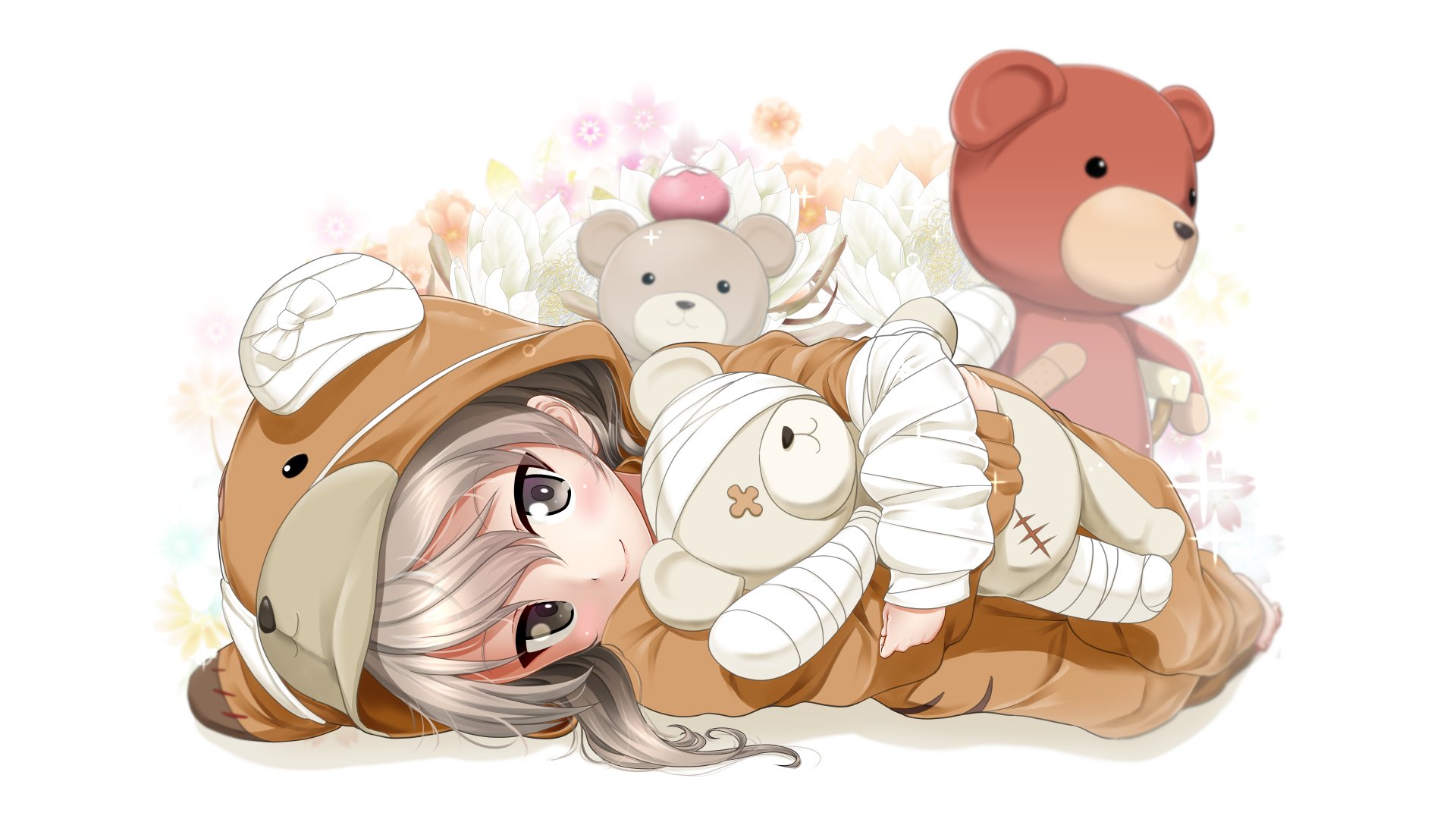 A cute anime scene featuring a girl in a bear costume cuddling a bandaged teddy bear, surrounded by playful stuffed animals and flowers. This HD wallpaper captures a charming, whimsical moment.