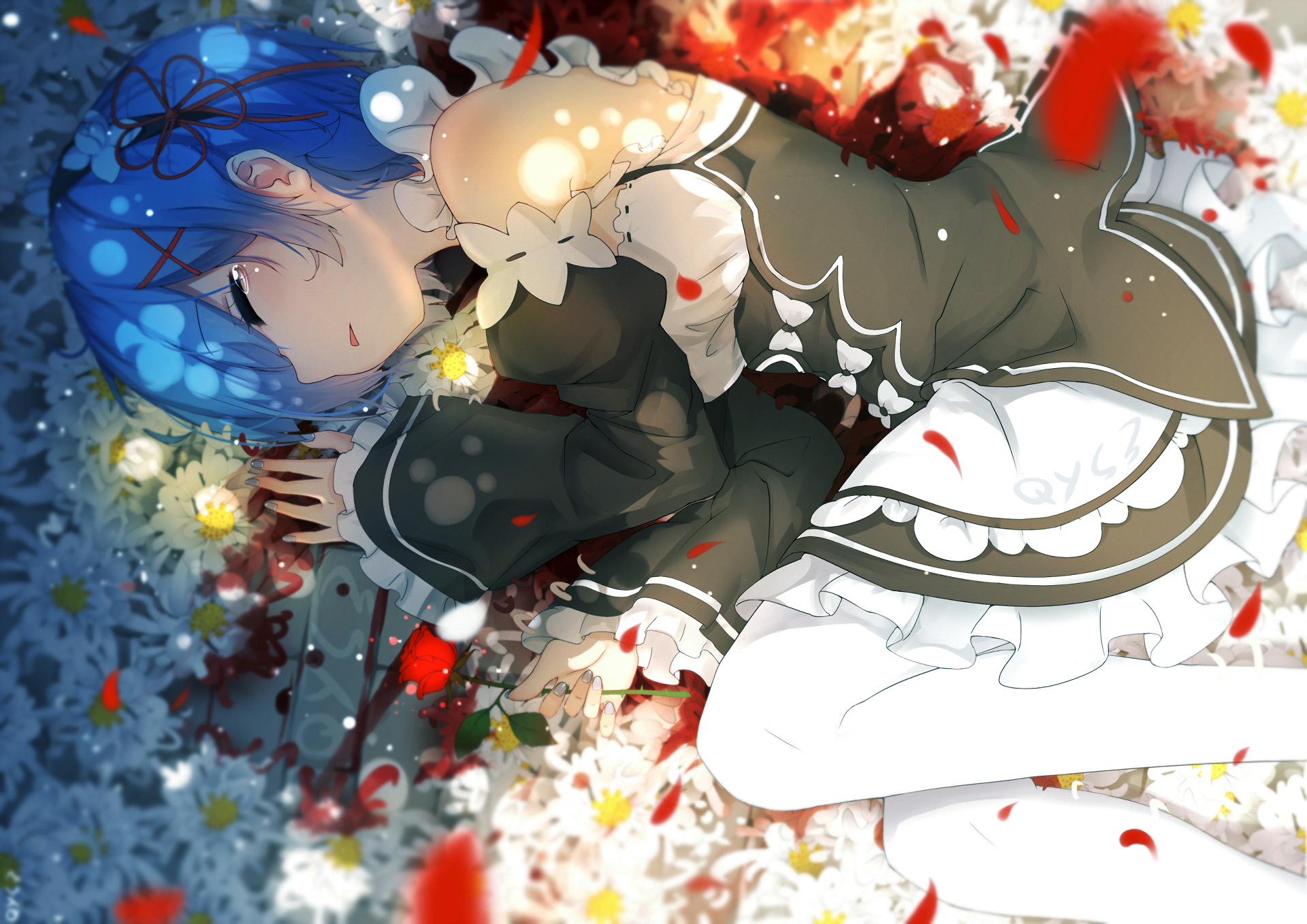 An HD desktop wallpaper featuring Rem from Re:Zero - Starting Life in Another World, lying on a floral background with a pained expression.