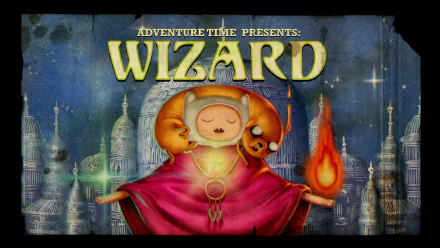 Adventure Time TV show HD PC wallpaper: Finn (Adventure Time) in wizard robes holding a flame, Jake (Adventure Time) curled around his shoulders against an ornate fantasy backdrop.