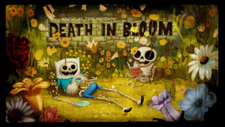 HD PC desktop wallpaper featuring Adventure Time characters Finn and Jake as skeletons in a whimsical floral setting with the title Death in Bloom.