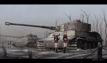 HD wallpaper featuring characters from Girls und Panzer standing in front of tanks, set in a desolate, wintry landscape.