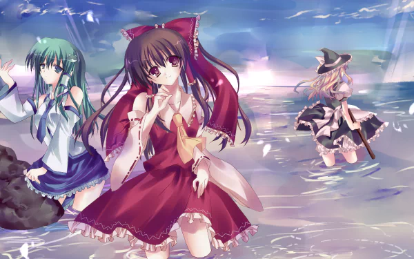 Three characters from the Touhou series—Sanae Kochiya, Reimu Hakurei, and Marisa Kirisame—playfully interact by the water in this vibrant HD anime wallpaper.