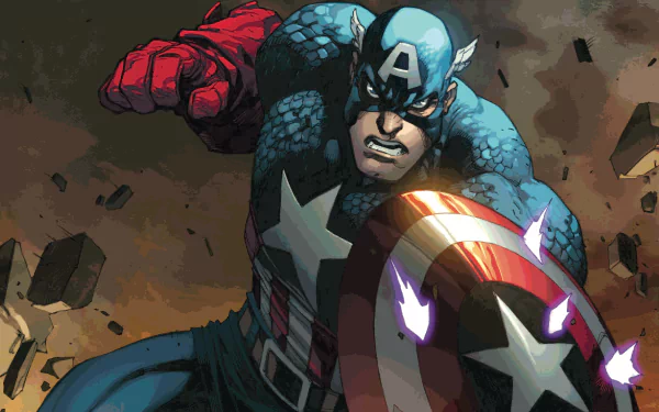 Comic-style image of Captain America, featuring him in action with his iconic shield. A vibrant 4K Ultra HD wallpaper perfect for desktop backgrounds.