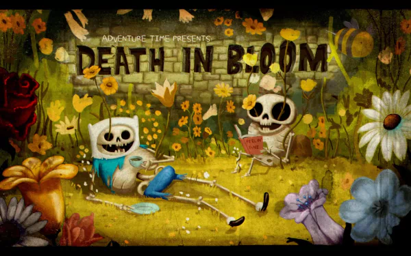 HD PC desktop wallpaper featuring Adventure Time characters Finn and Jake as skeletons in a whimsical floral setting with the title Death in Bloom.