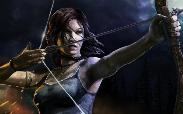 4K Ultra HD desktop wallpaper featuring Lara Croft from Tomb Raider aiming a bow, blending themes from Arrow (TV Show) and video game aesthetics.