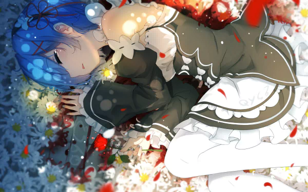 An HD desktop wallpaper featuring Rem from Re:Zero - Starting Life in Another World, lying on a floral background with a pained expression.