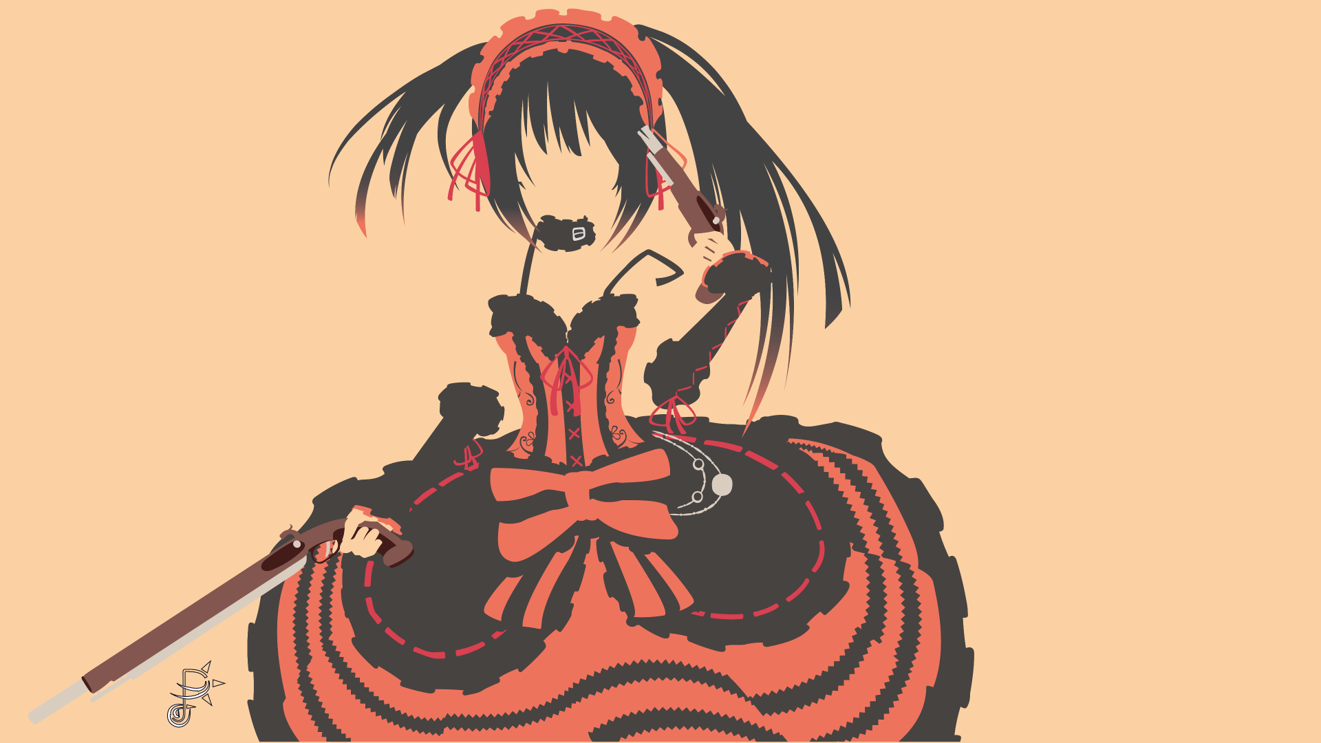 Minimalist HD wallpaper featuring Kurumi Tokisaki from the anime Date A Live, showcasing her distinctive dress and style against a simple background.