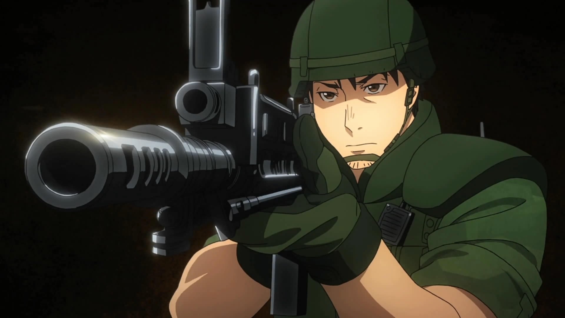 A soldier in tactical gear aims a firearm, set against a dark background. This HD wallpaper is inspired by the anime Gate (2015), capturing an intense moment.