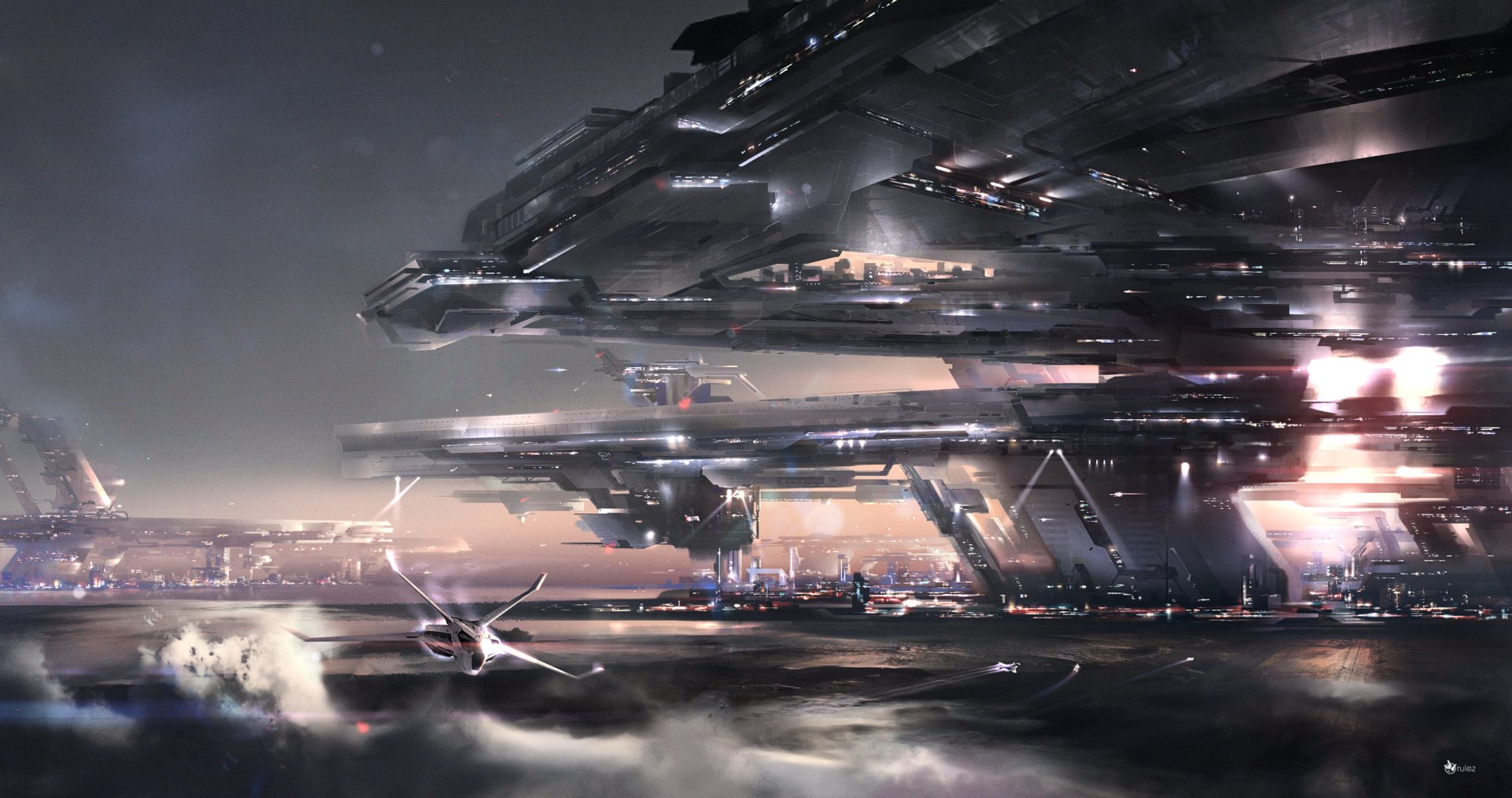 Futuristic Cityscape: HD Sci-Fi Spaceship Wallpaper by Dmitriy Kuzin