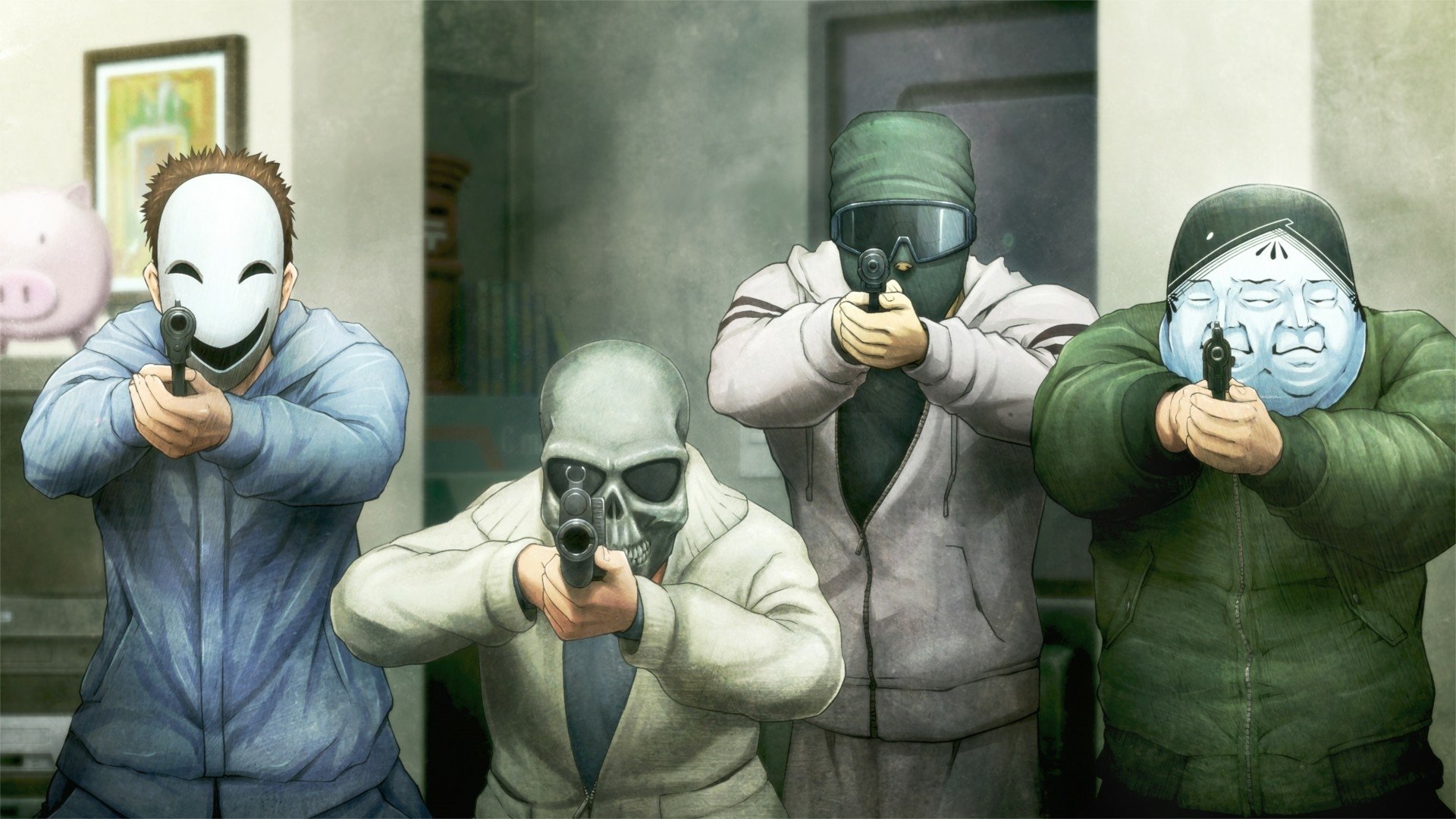 HD PC desktop wallpaper featuring four masked characters from the anime Steins;Gate 0, each aiming a handgun forward in a tense indoor setting.